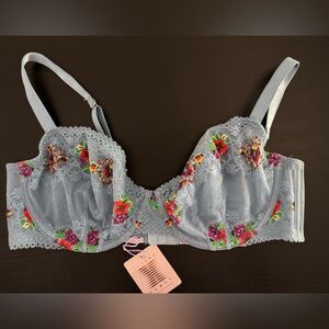 Savage X Fenty Floral light blue Embroidered Lace Unlined Bra 42 DDD